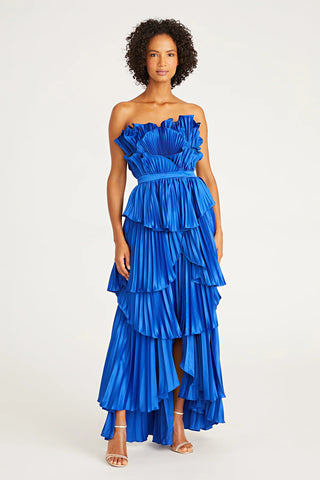 Woman wearing blue Amur Judah Pleated Gown