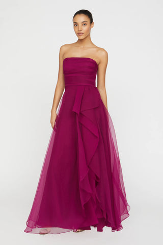 Theia Teresa Strapless Draped Gown in Sangria