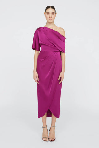 Theia Rayna One Shoulder Draped Gown in Sangria