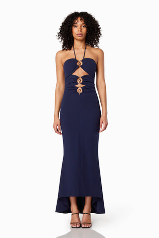 Woman wearing the Elliatt Lillie Halter Neck Maxi