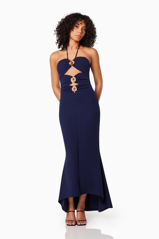 Woman wearing the Elliatt Lillie Halter Neck Maxi