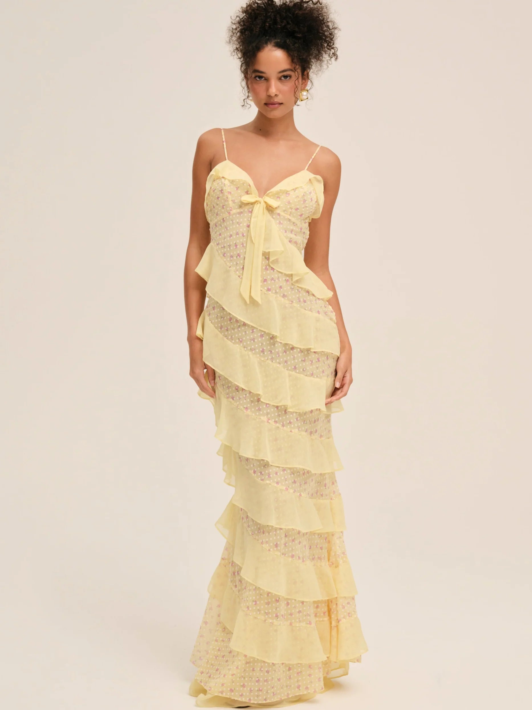 clemence smocked frill trim maxi dress lemon Clemence Smocked Frill Trim Maxi Dress Lemon