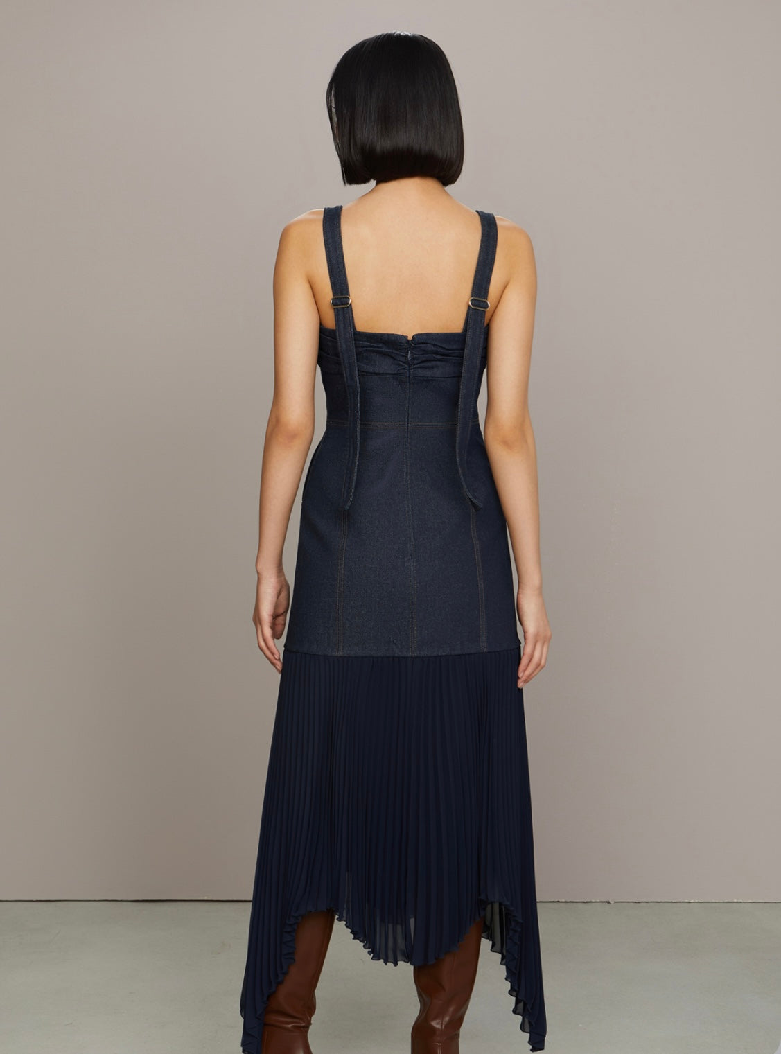 amur denim dress Amur Jac Denim Combo Midi Dress TrenLend