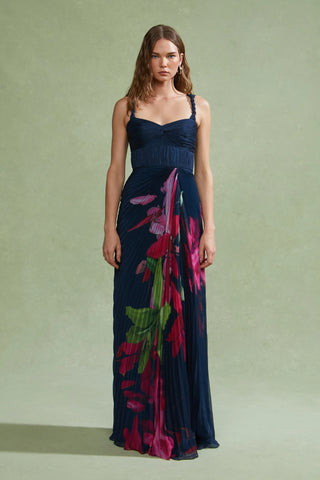Amur Drea Pleated Gown in River Lilly Stream