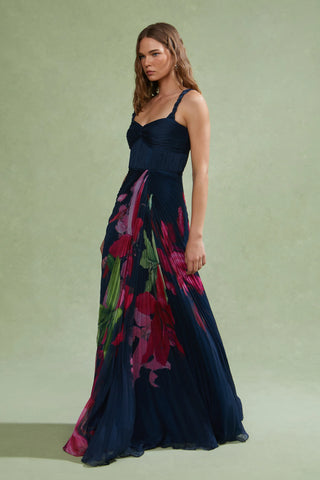 Amur Drea Pleated Gown in River Lilly Stream