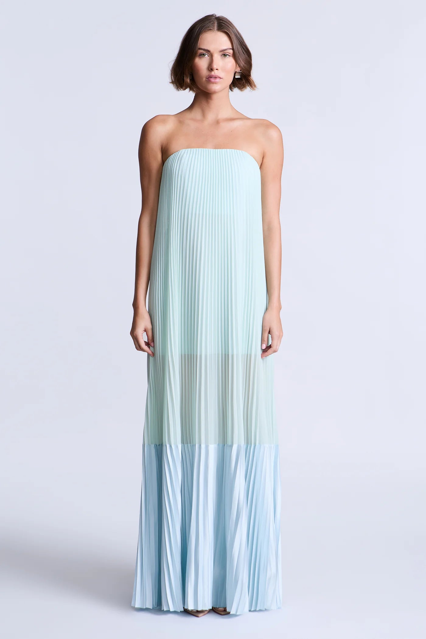bcbgmaxazria pleated maxi dress BCBGMAXAZRIA Pleated Long Evening Dress in Champagne Silver