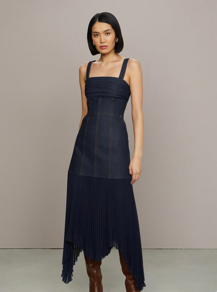 amur janey midi dress Amur Jac Denim Combo Midi Dress – TrenLend