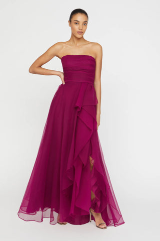 Theia Teresa Strapless Draped Gown in Sangria