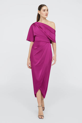 Theia Rayna One Shoulder Draped Gown in Sangria