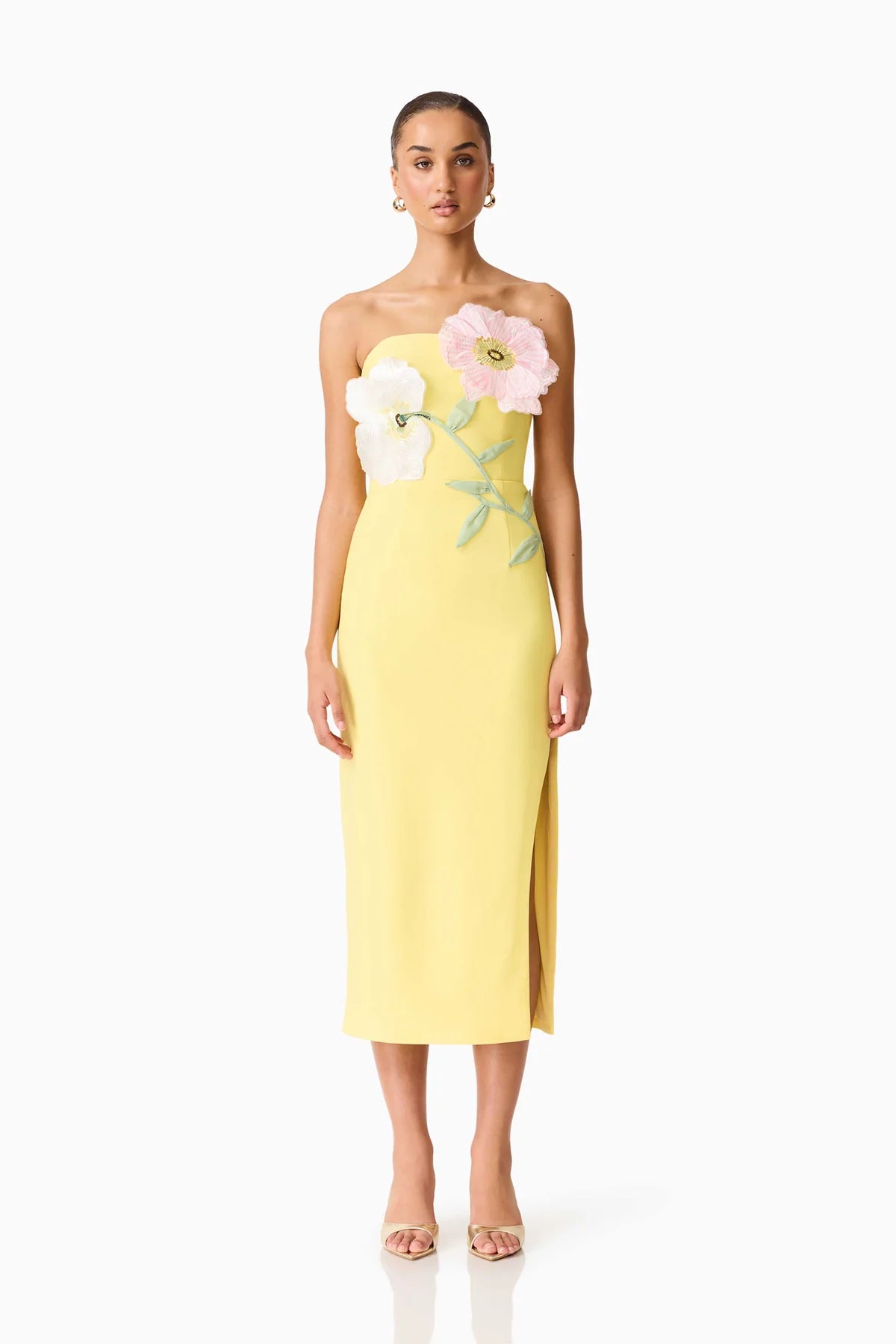 strapless yellow midi dress Strapless Bustier A Line Midi Dress Yellow