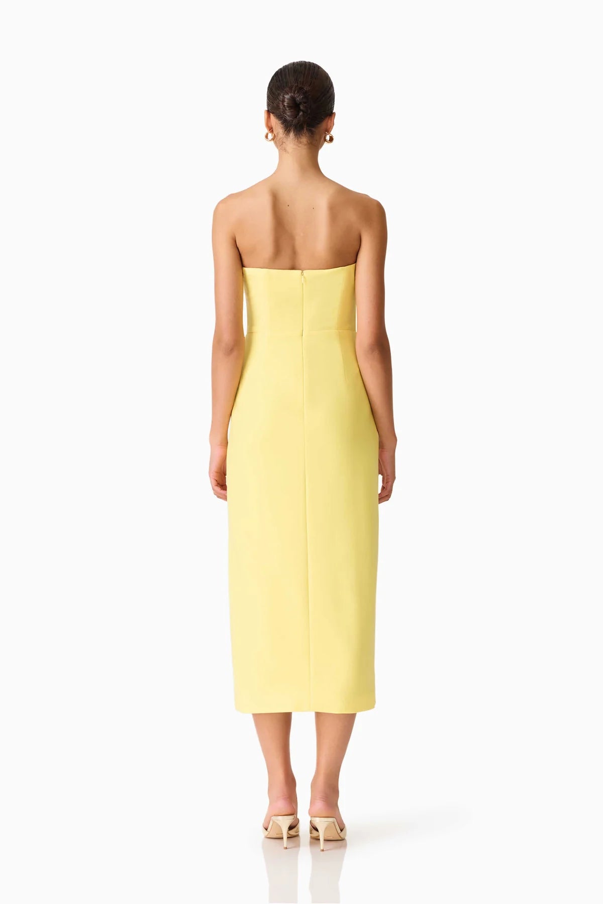 yellow strapless dress midi Women's You Already Know Yellow Cotton Bustier Bodice Strapless Midi Dress | Size: L