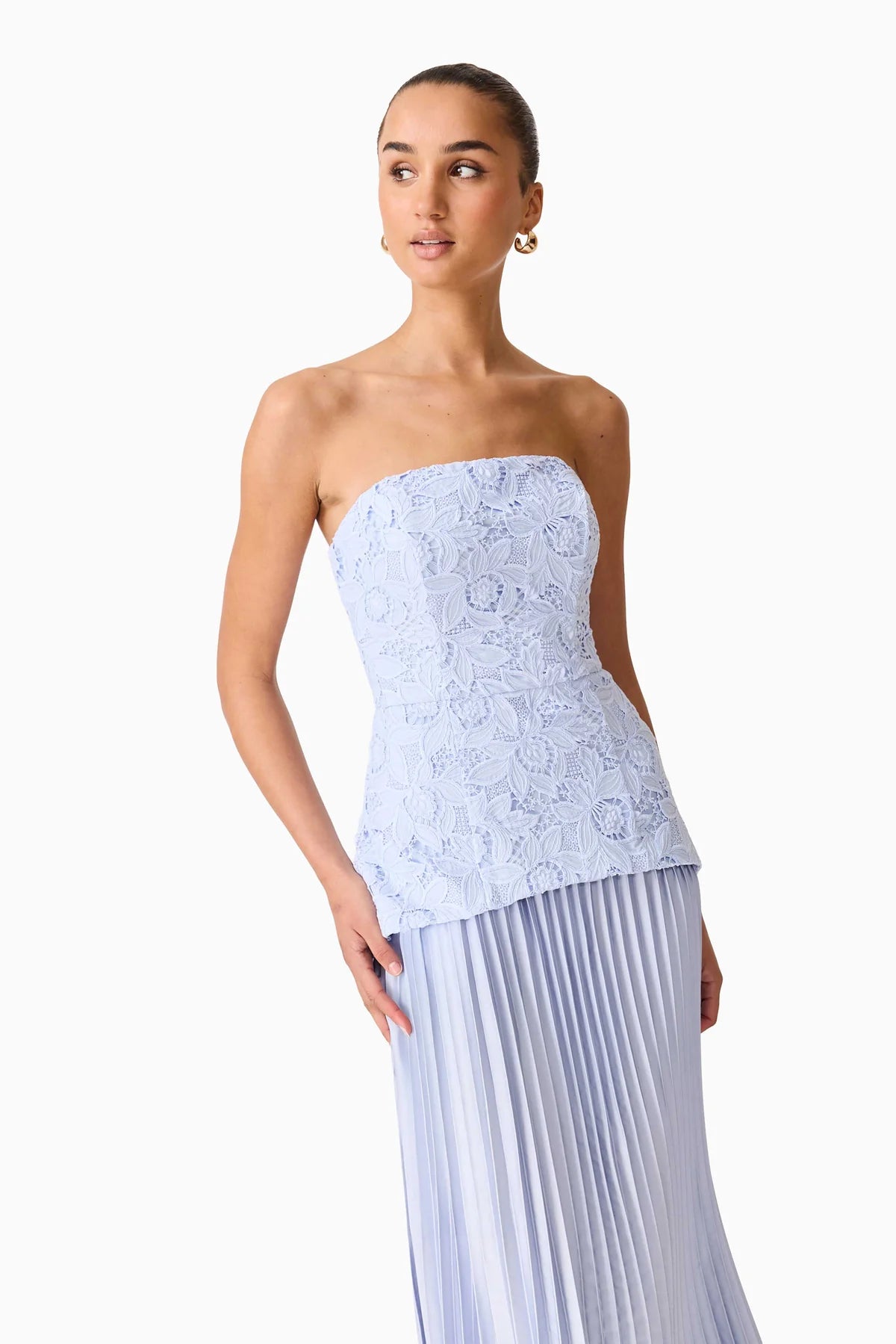 Elliatt Lacy Strapless Gown in Powder Blue TrenLend Elliatt Lacy Strapless Gown in Powder Blue TrenLend
