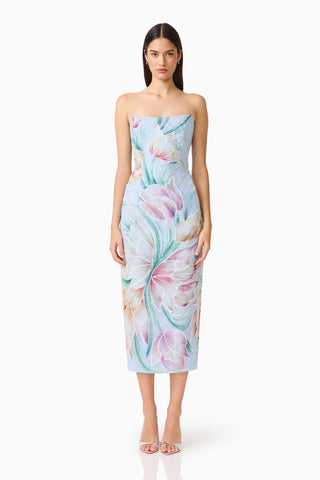 Elliatt Priselle Strapless Midi Dress in Blue Floral