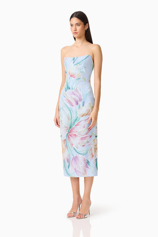 Elliatt Priselle Strapless Midi Dress in Blue Floral