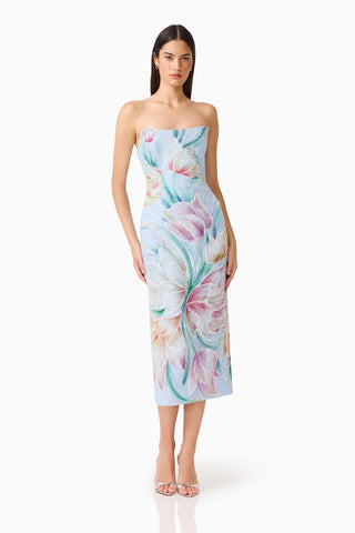 Elliatt Priselle Strapless Midi Dress in Blue Floral