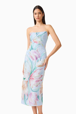 Elliatt Priselle Strapless Midi Dress in Blue Floral