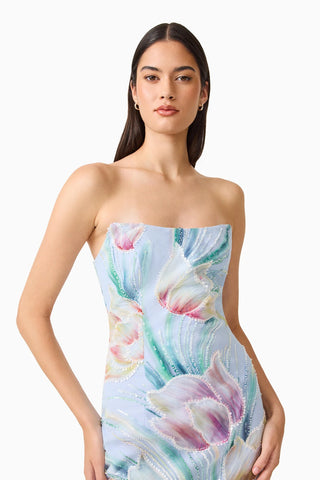 Elliatt Priselle Strapless Midi Dress in Blue Floral