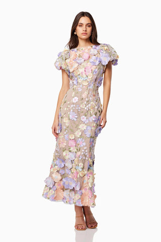 Woman in the Elliatt Astraea 3D Lace Maxi Dress