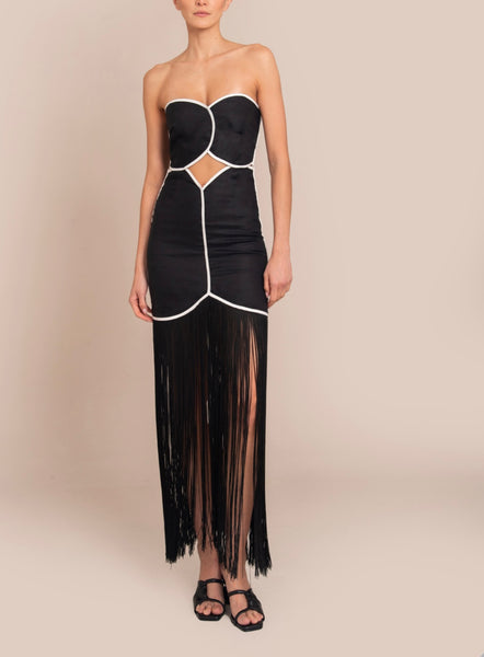 azulu joaquina linen fringe strapless midi dress Azulu Joaquina Dress – TrenLend