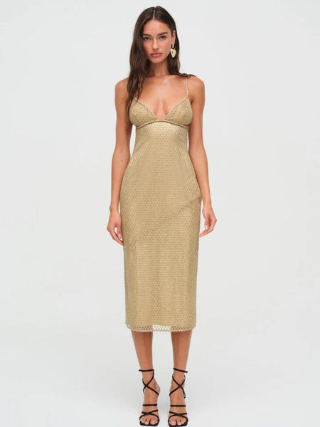 For Love and Lemons Glitter Grid Midi Dress in Gold – TrenLend