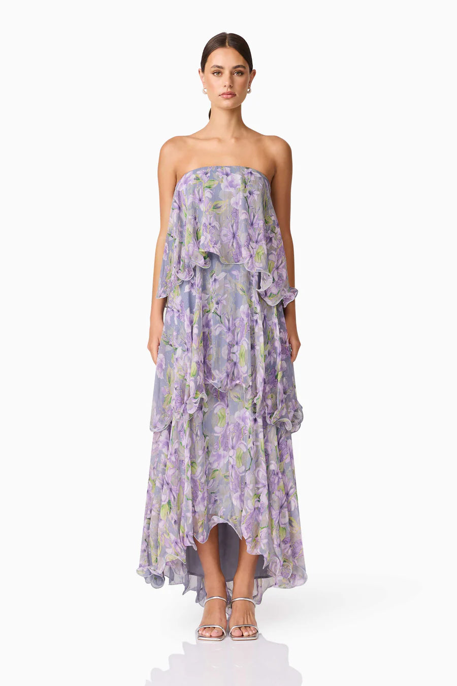 elliatt purple floral dress Elliatt Milena Strapless Maxi Dress in Purple Floral TrenLend