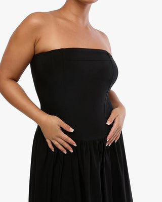 Woman wearing the WeWoreWhat Strapless Corset Midi Dress