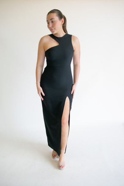 Polly Black Asymmetrical Detail Maxi Dress